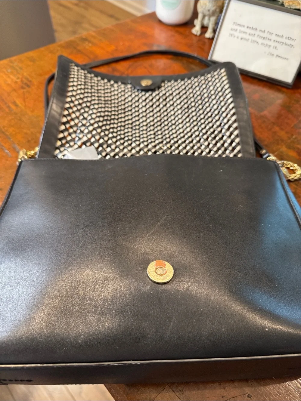 Tory Burch Black & White Woven Crossbody with Gold Chain